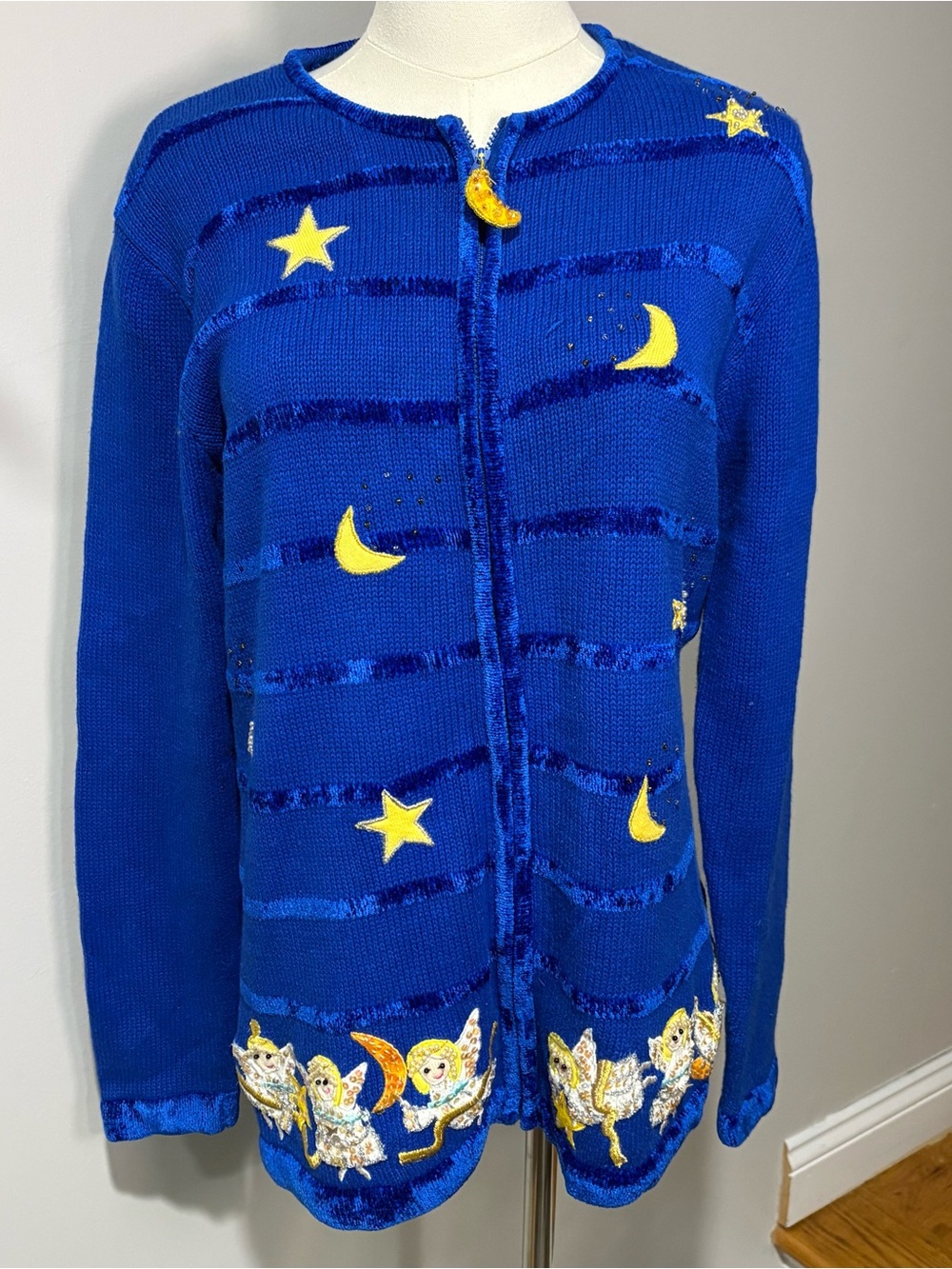 The Quacker Factory Full Zip Cardigan Blue Knit Celestial Beaded Angel Moon Sz S